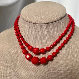 Vintage West Germany Red Glass Faceted Beaded Double Strand Choker Necklace